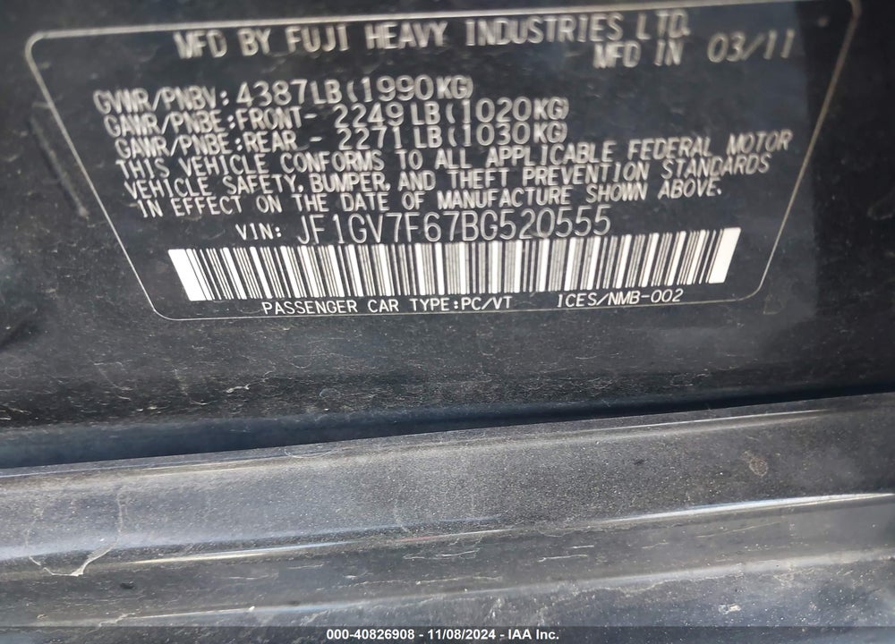 2011 SUBARU IMPREZA WRX LIMITED VIN: JF1GV7F67BG520555