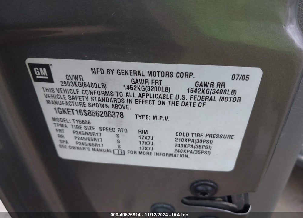 2005 GMC ENVOY XL SLE VIN: 1GKET16S856206378