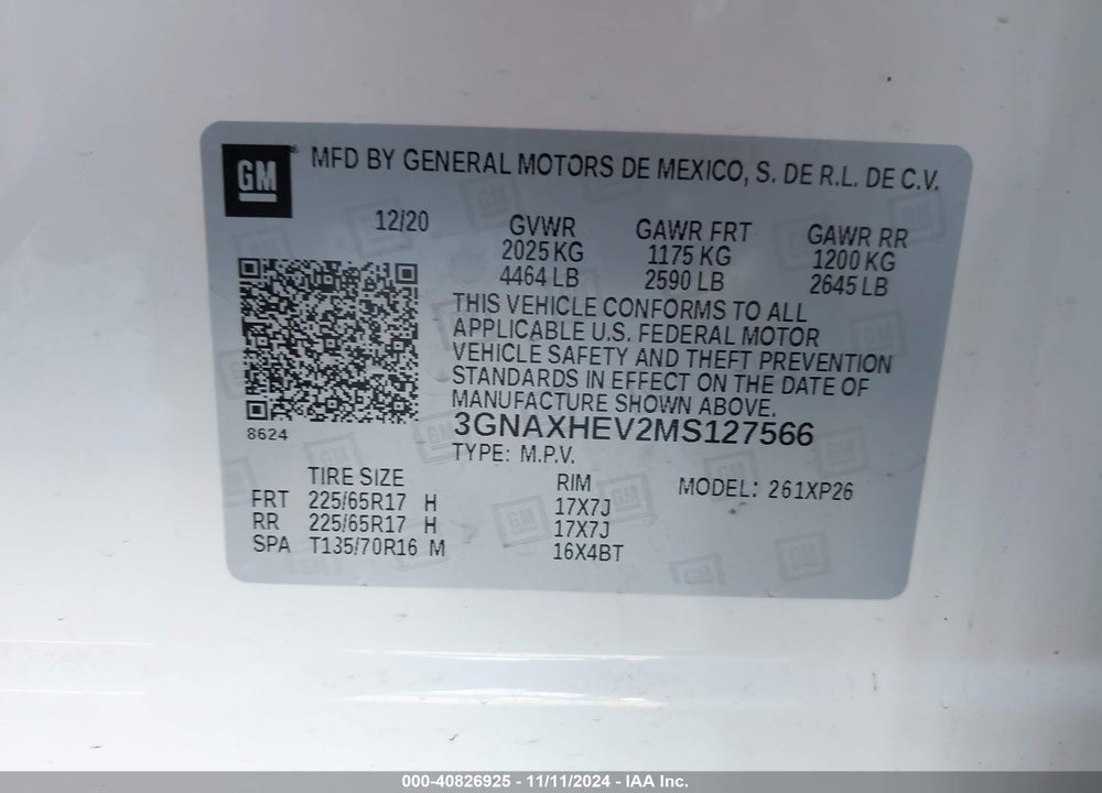2021 CHEVROLET EQUINOX FWD LS VIN: 3GNAXHEV2MS127566