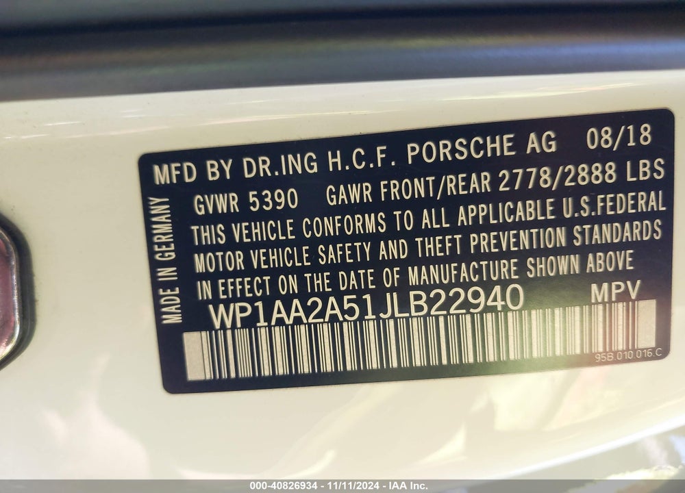 2018 PORSCHE MACAN VIN: WP1AA2A51JLB22940