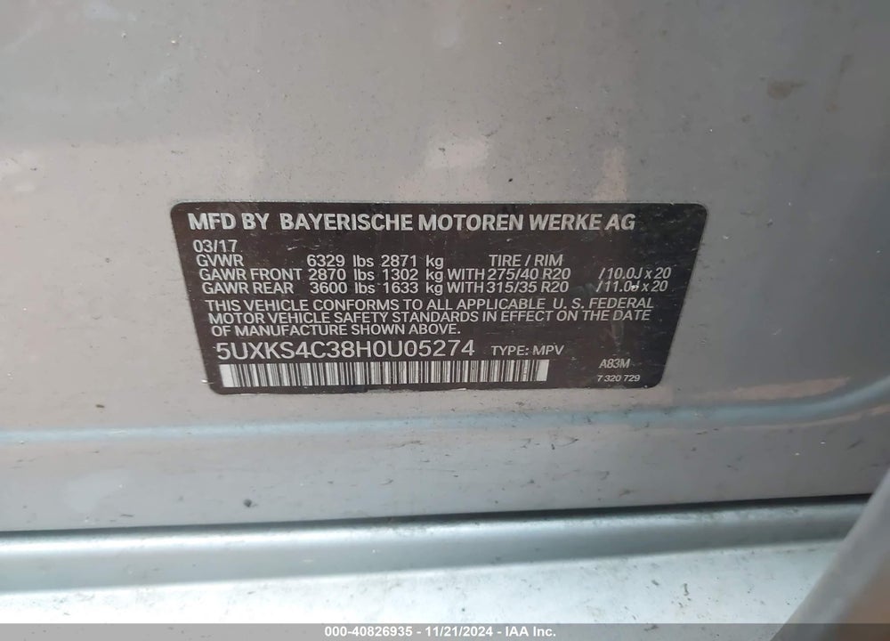 2017 BMW X5 XDRIVE35D VIN: 5UXKS4C38H0U05274