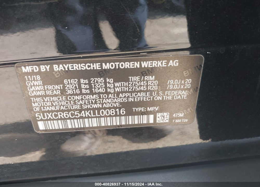 2019 BMW X5 XDRIVE40I VIN: 5UXCR6C54KLL00816