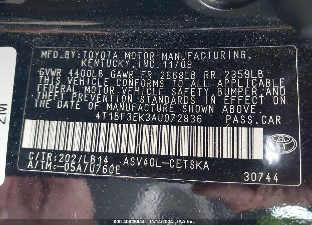 2010 TOYOTA CAMRY SE VIN: 4T1BF3EK3AU072836