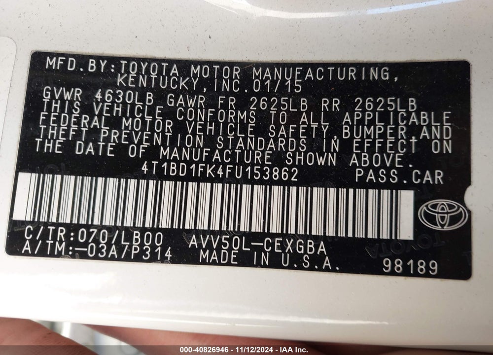 2015 TOYOTA CAMRY HYBRID XLE VIN: 4T1BD1FK4FU153862