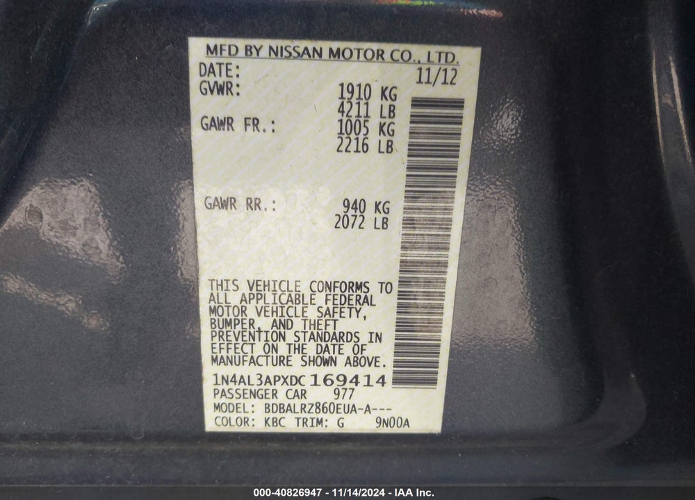 2013 NISSAN ALTIMA 2.5 S VIN: 1N4AL3APXDC169414