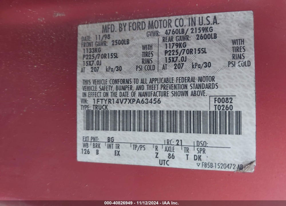 1999 FORD RANGER XL/XLT VIN: 1FTYR14V7XPA63456