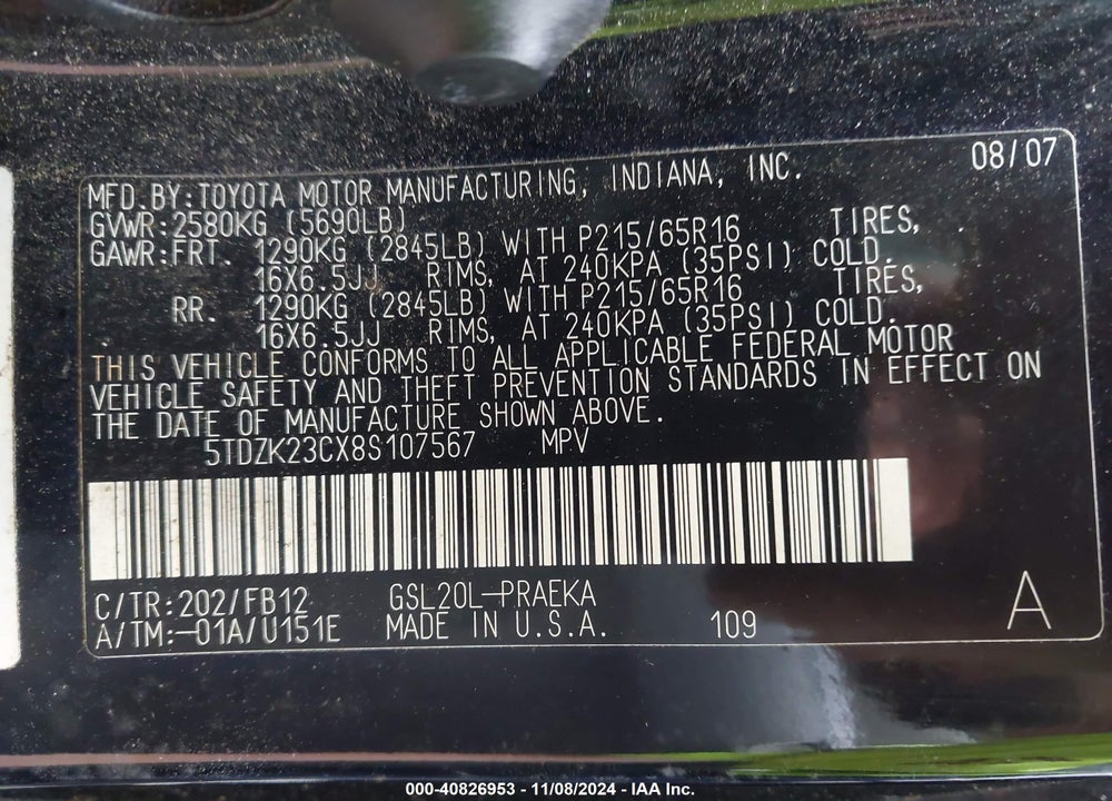 2008 TOYOTA SIENNA CE VIN: 5TDZK23CX8S107567