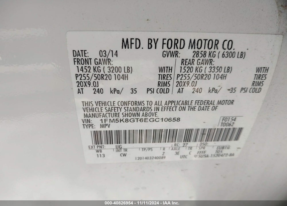 2014 FORD EXPLORER SPORT VIN: 1FM5K8GT6EGC10658