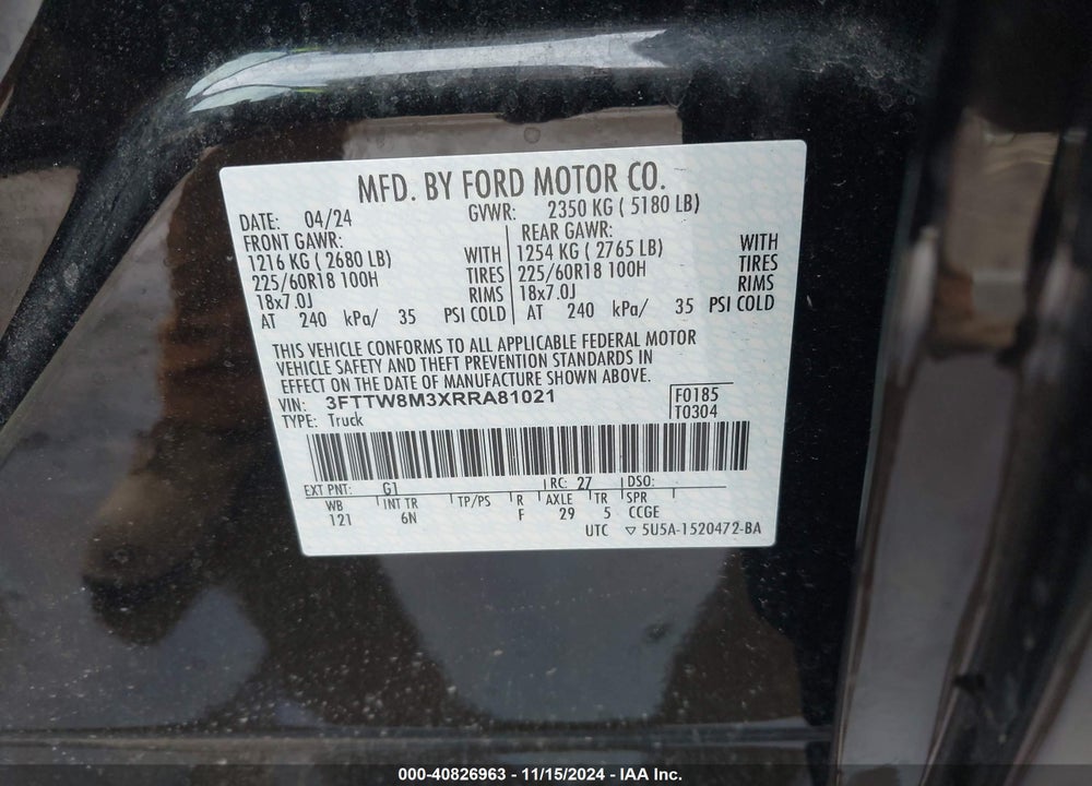 2024 FORD MAVERICK LARIAT VIN: 3FTTW8M3XRRA81021