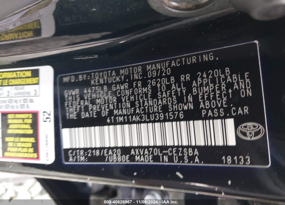 2020 TOYOTA CAMRY VIN: 4T1M11AK3LU391576