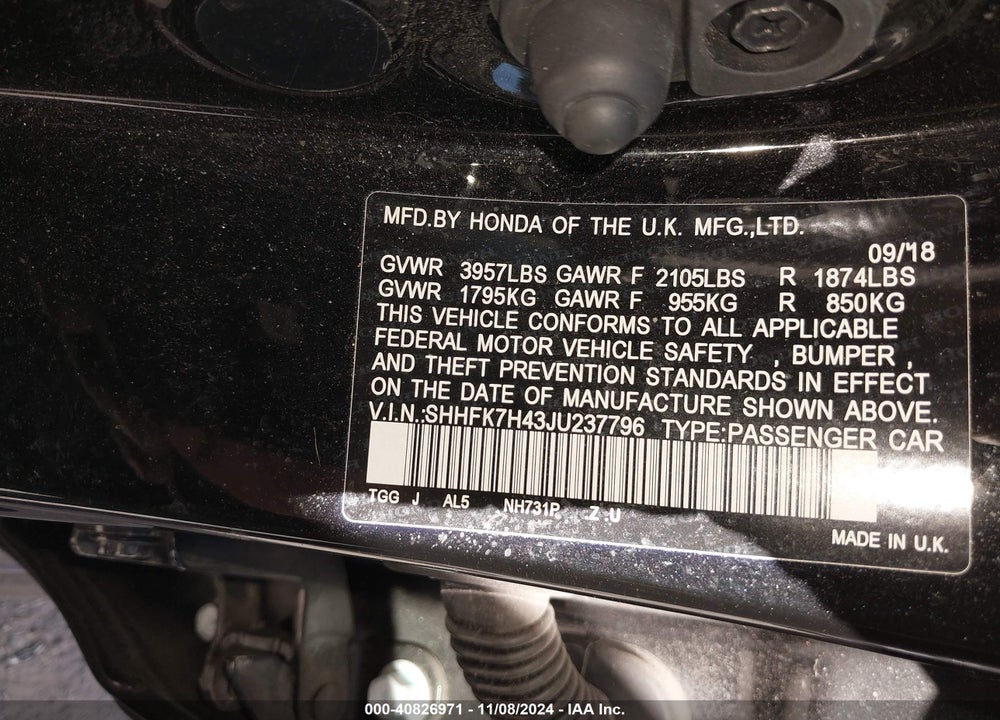 2018 HONDA CIVIC SPORT VIN: SHHFK7H43JU237796