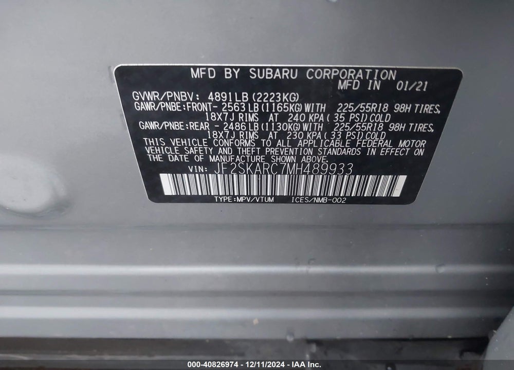 2021 SUBARU FORESTER SPORT VIN: JF2SKARC7MH489933