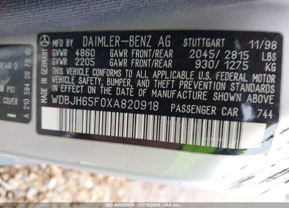 1999 MERCEDES-BENZ E 320 VIN: WDBJH65F0XA820918