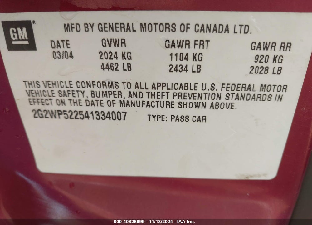 2004 PONTIAC GRAND PRIX GT1 VIN: 2G2WP522541334007