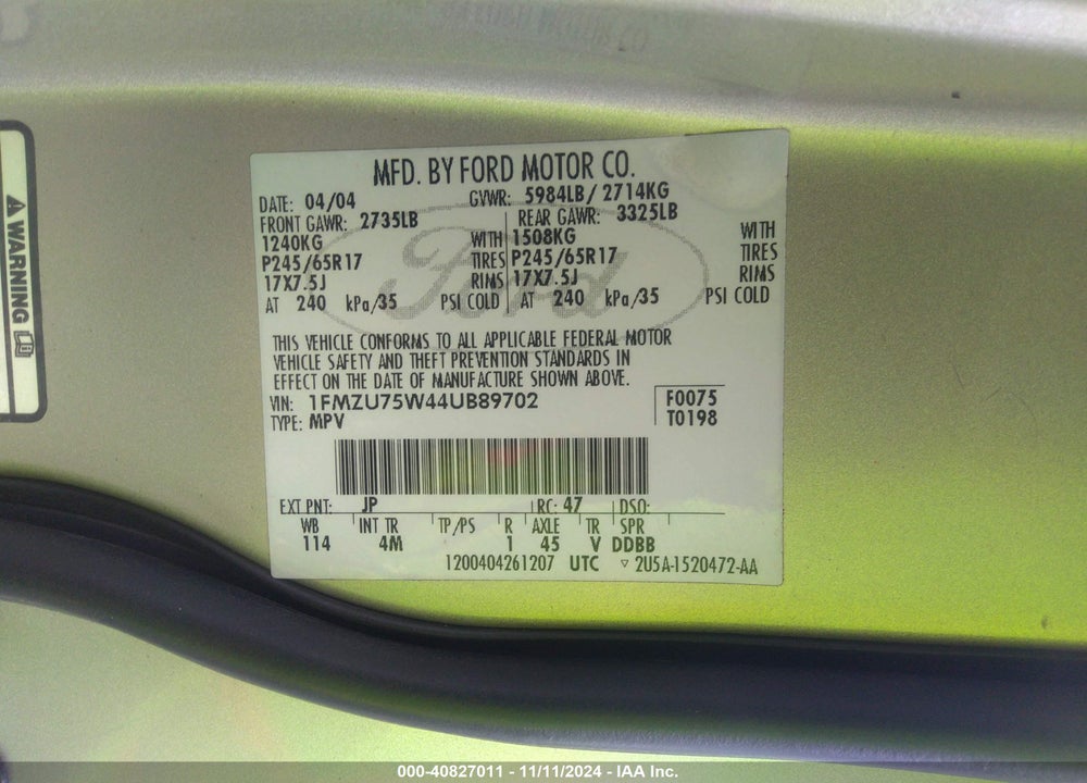2004 FORD EXPLORER LIMITED VIN: 1FMZU75W44UB89702