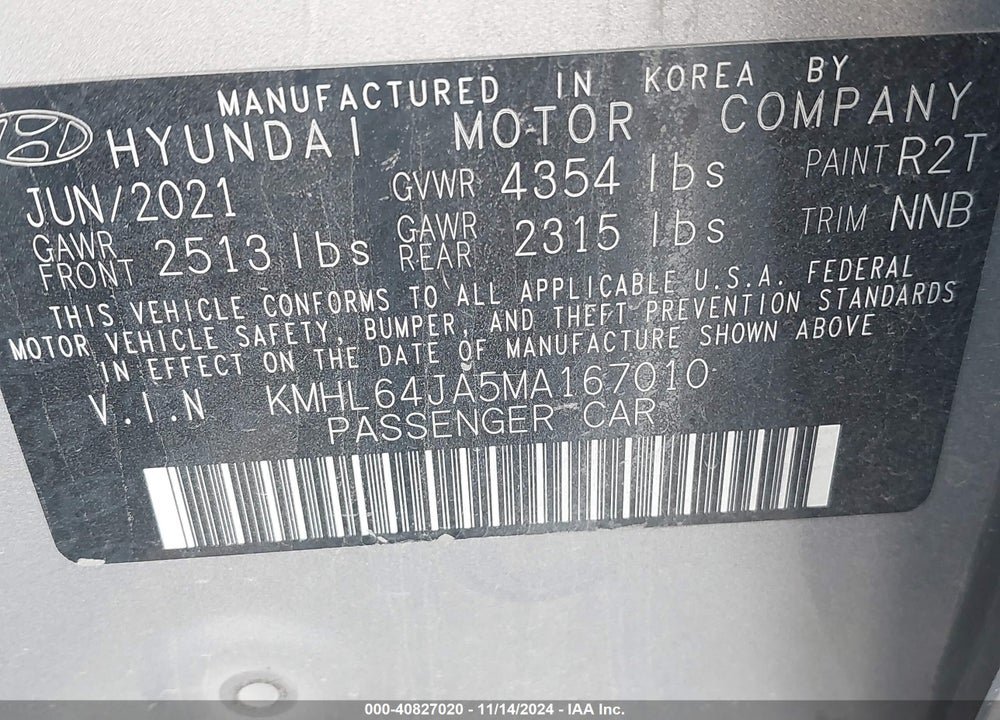 2021 HYUNDAI SONATA SEL VIN: KMHL64JA5MA167010