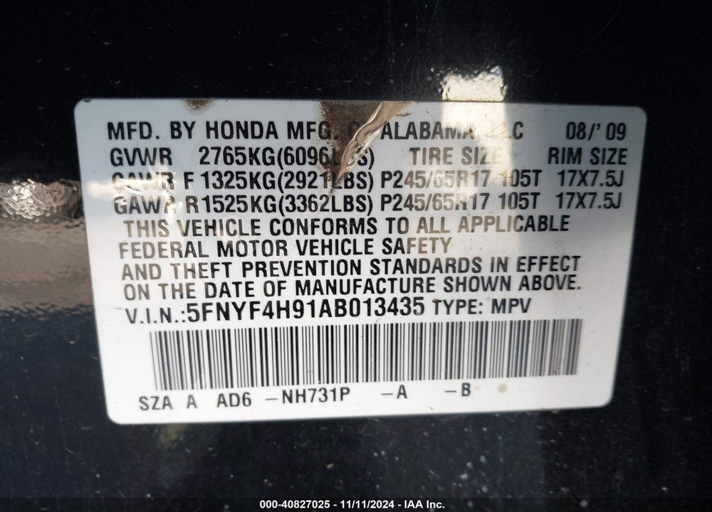 2010 HONDA PILOT TOURING VIN: 5FNYF4H91AB013435