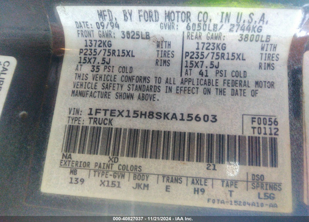 1995 FORD F150 VIN: 1FTEX15H8SKA15603
