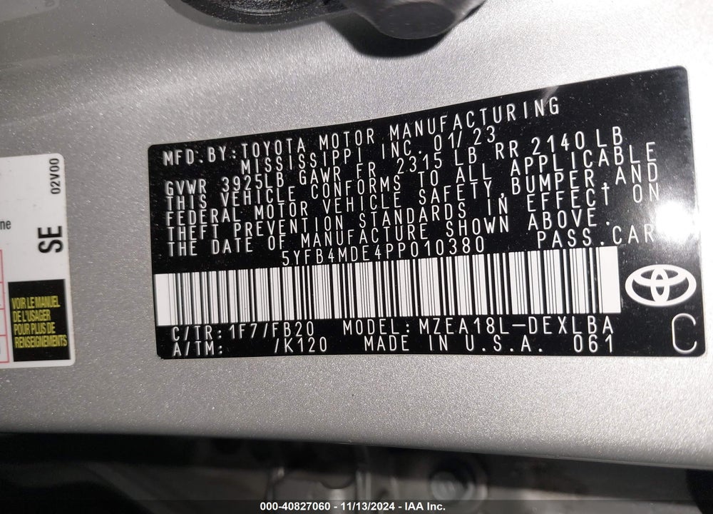 2023 TOYOTA COROLLA LE VIN: 5YFB4MDE4PP010380
