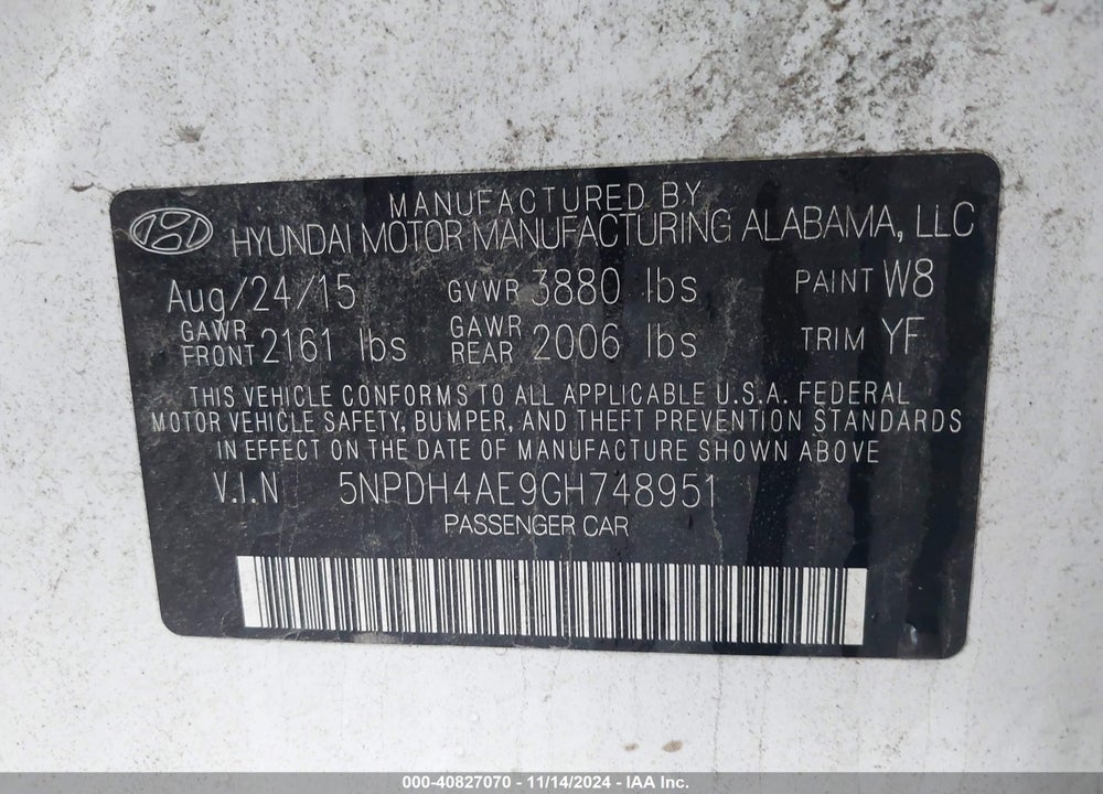 2016 HYUNDAI ELANTRA SE VIN: 5NPDH4AE9GH748951