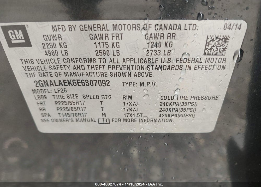 2014 CHEVROLET EQUINOX LS VIN: 2GNALAEK6E6307092
