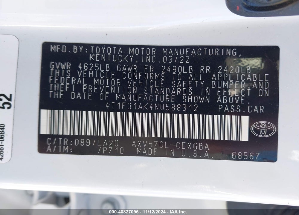2022 TOYOTA CAMRY XLE HYBRID VIN: 4T1F31AK4NU588312