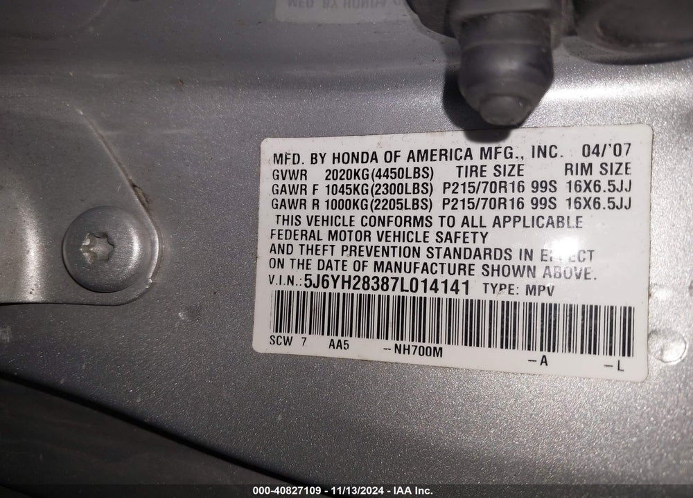 2007 HONDA ELEMENT LX VIN: 5J6YH28387L014141