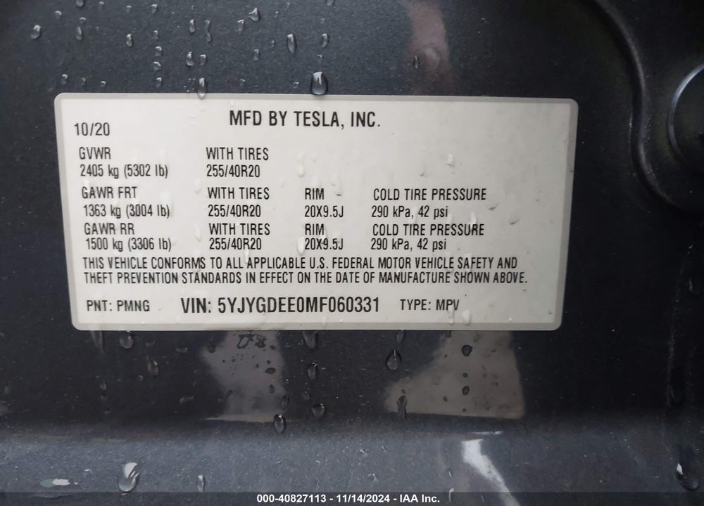 2021 TESLA MODEL Y LONG RANGE DUAL MOTOR ALL-WHEEL DRIVE VIN: 5YJYGDEE0MF060331