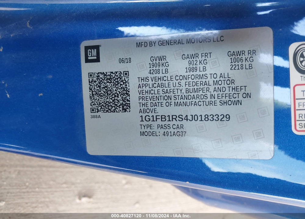 2018 CHEVROLET CAMARO 1LT VIN: 1G1FB1RS4J0183329