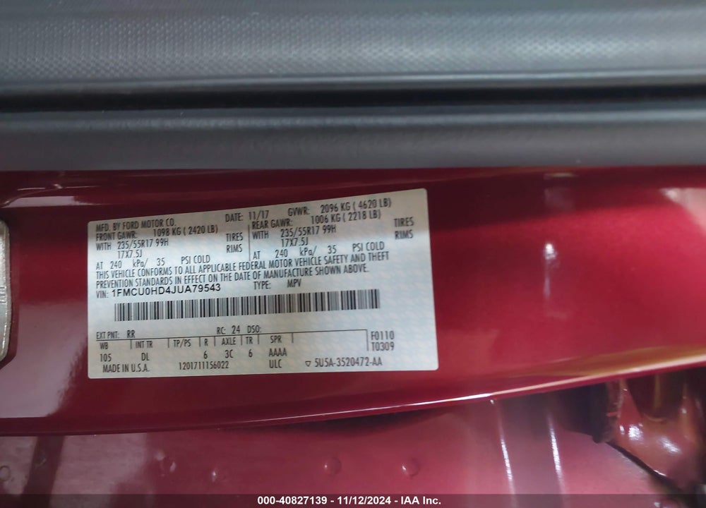 2018 FORD ESCAPE SEL VIN: 1FMCU0HD4JUA79543