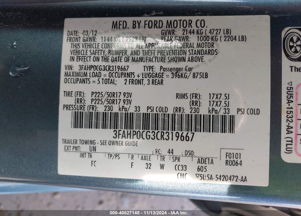 2012 FORD FUSION SEL VIN: 3FAHP0CG3CR319667