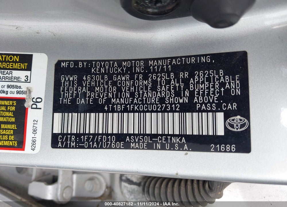 2012 TOYOTA CAMRY LE VIN: 4T1BF1FK0CU027312