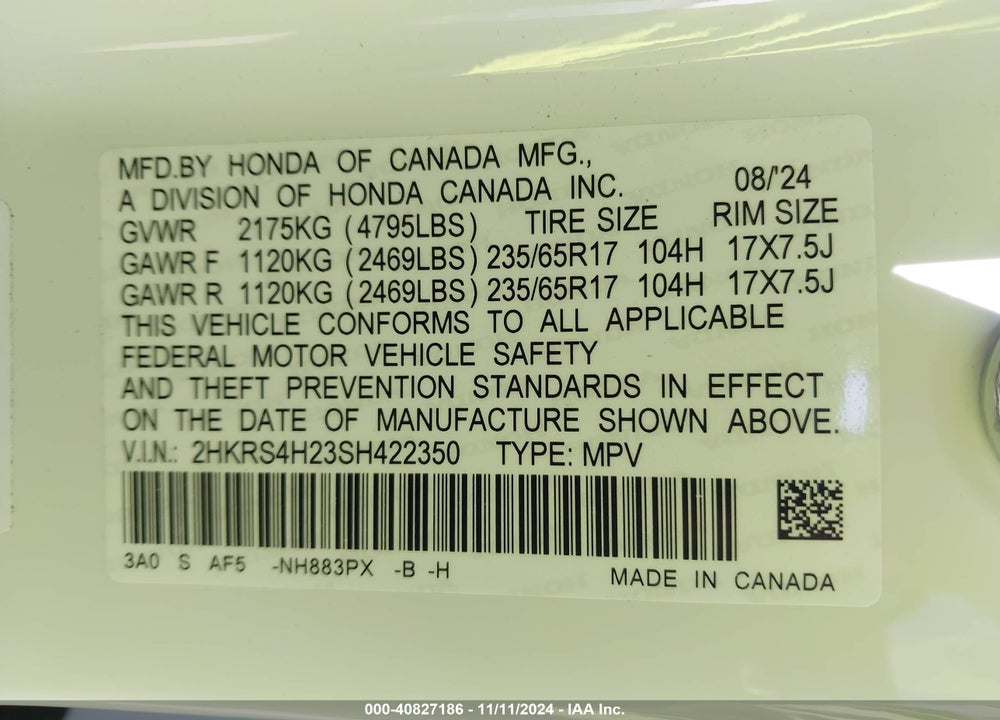 2025 HONDA CR-V LX AWD VIN: 2HKRS4H23SH422350