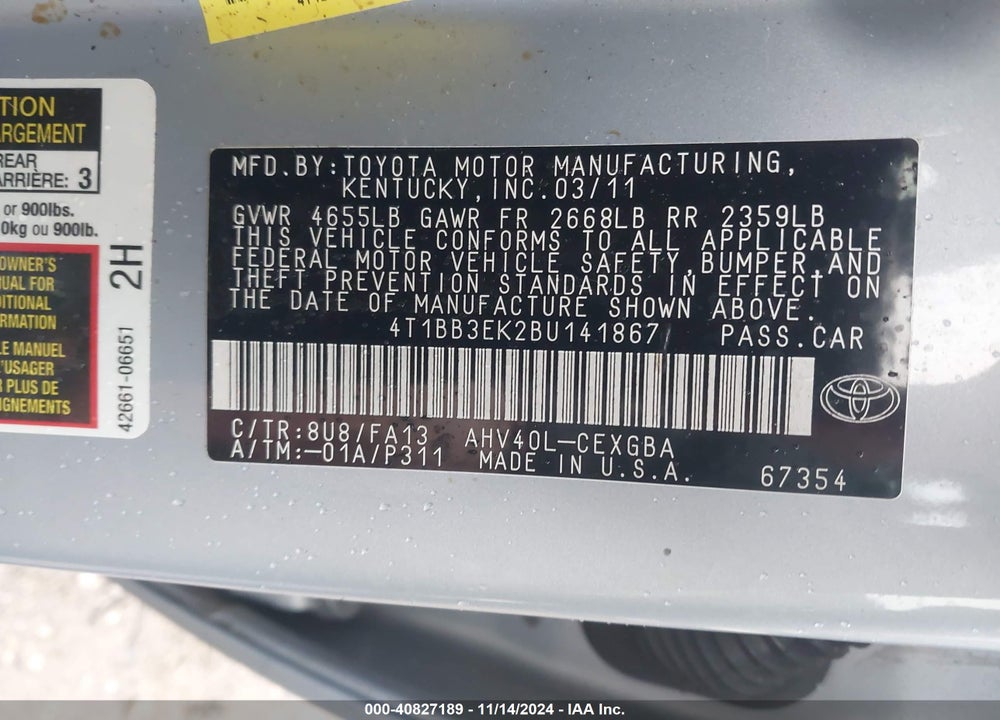 2011 TOYOTA CAMRY HYBRID VIN: 4T1BB3EK2BU141867
