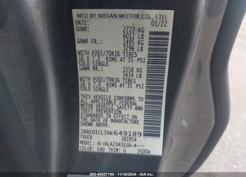 2022 NISSAN FRONTIER VIN: 1N6ED1CL5NN649189