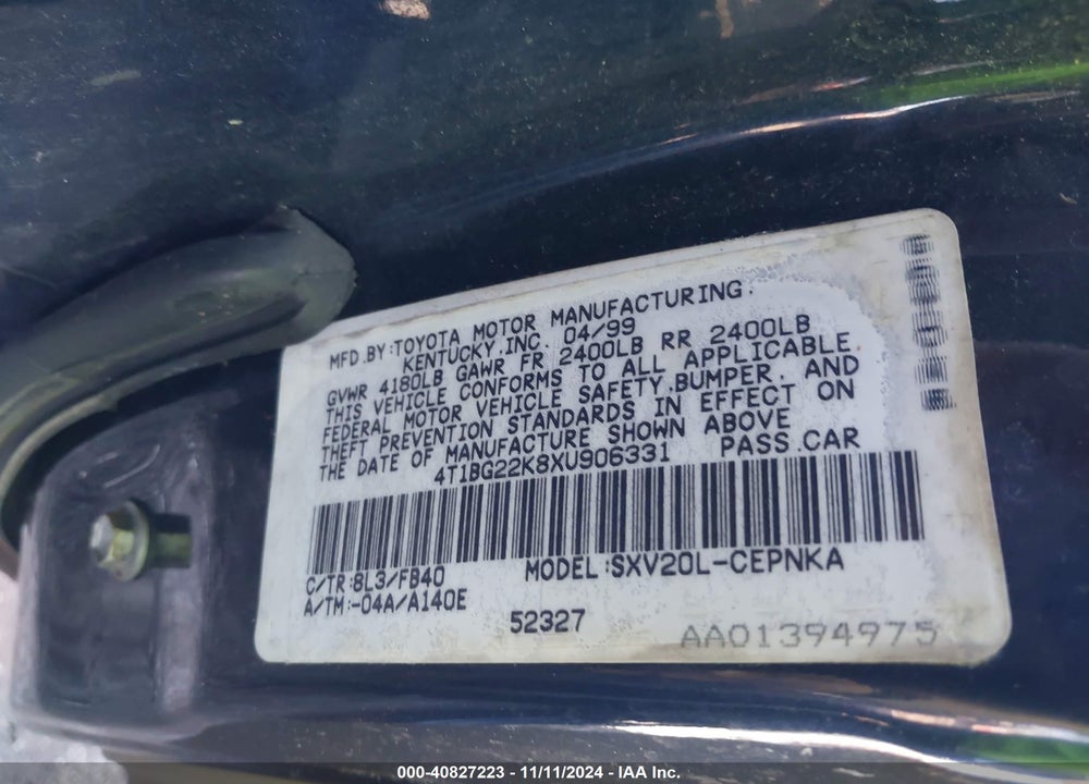 1999 TOYOTA CAMRY VIN: 4T1BG22K8XU906331
