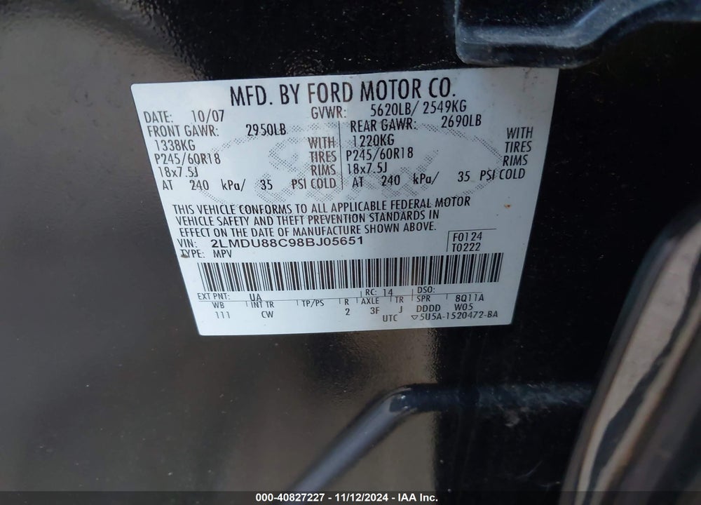 2008 LINCOLN MKX VIN: 2LMDU88C98BJ05651