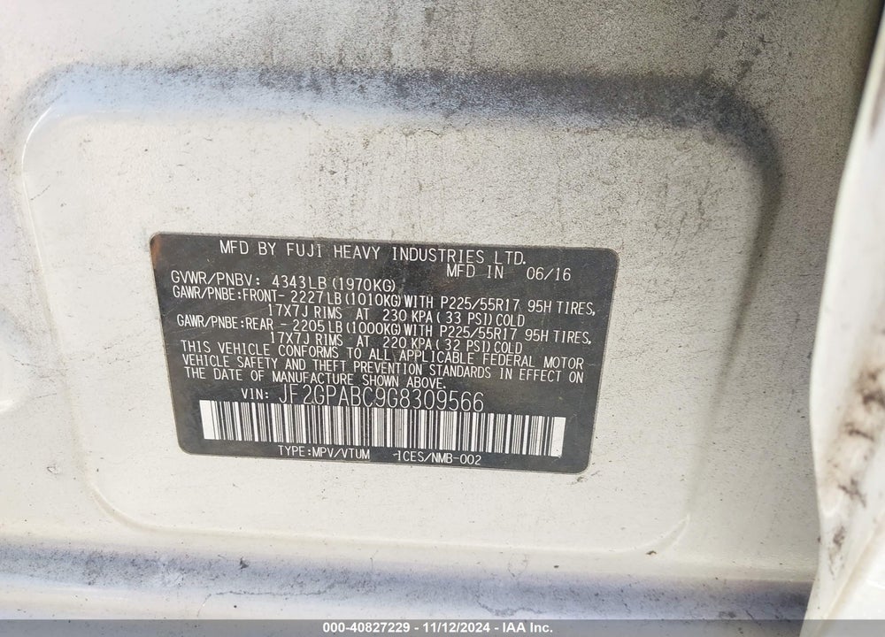 2016 SUBARU CROSSTREK 2.0I PREMIUM VIN: JF2GPABC9G8309566