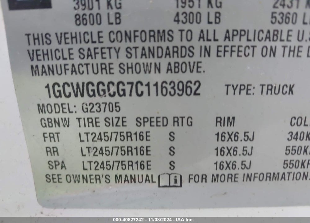 2012 CHEVROLET EXPRESS CARGO VAN WORK VAN VIN: 1GCWGGCG7C1163962