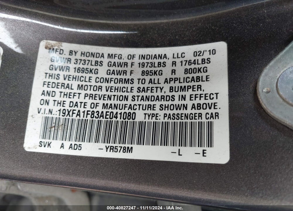 2010 HONDA CIVIC EX VIN: 19XFA1F83AE041080