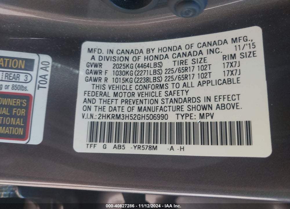 2016 HONDA CR-V EX VIN: 2HKRM3H52GH506990