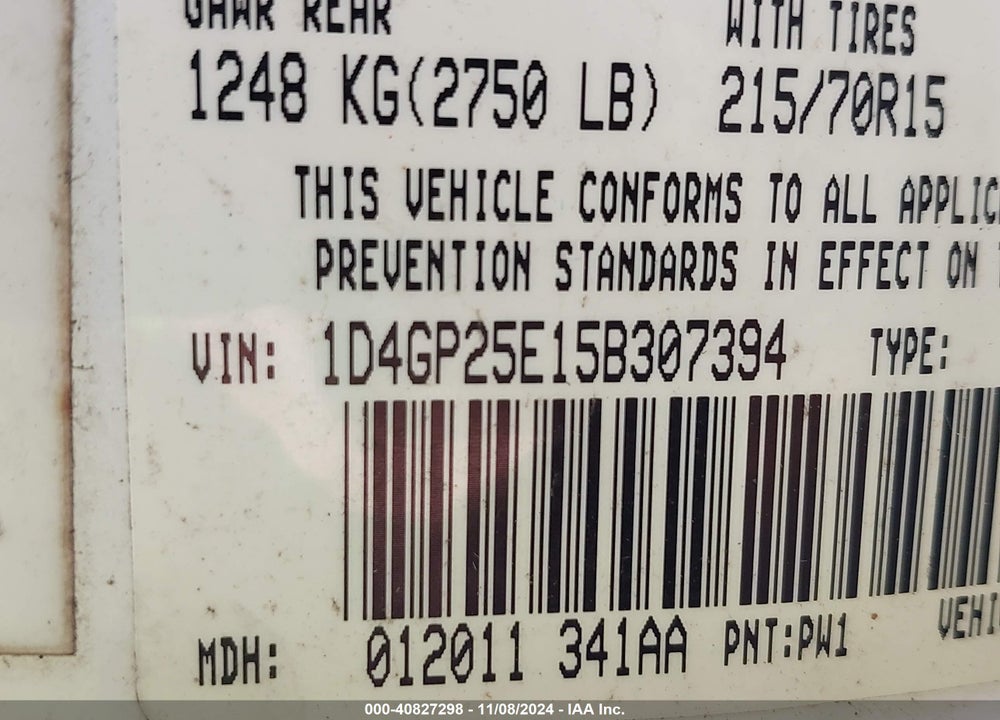 2005 DODGE CARAVAN SE VIN: 1D4GP25E15B307394
