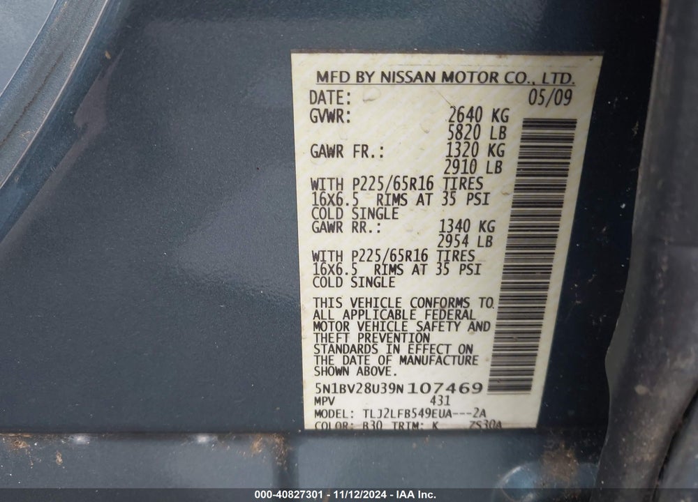 2009 NISSAN QUEST 3.5 VIN: 5N1BV28U39N107469