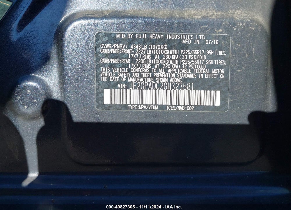 2016 SUBARU CROSSTREK 2.0I PREMIUM VIN: JF2GPADC2GH323581