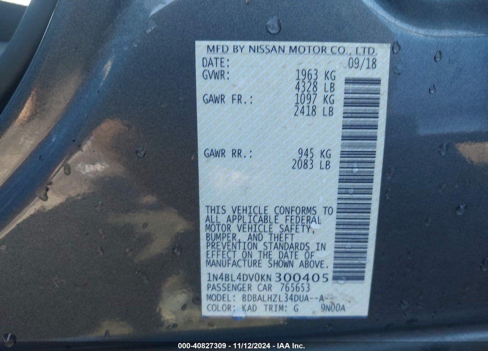2019 NISSAN ALTIMA 2.5 SV VIN: 1N4BL4DV0KN300405
