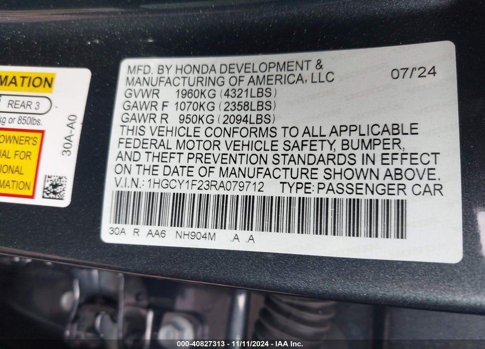 2024 HONDA ACCORD VIN: 1HGCY1F23RA079712