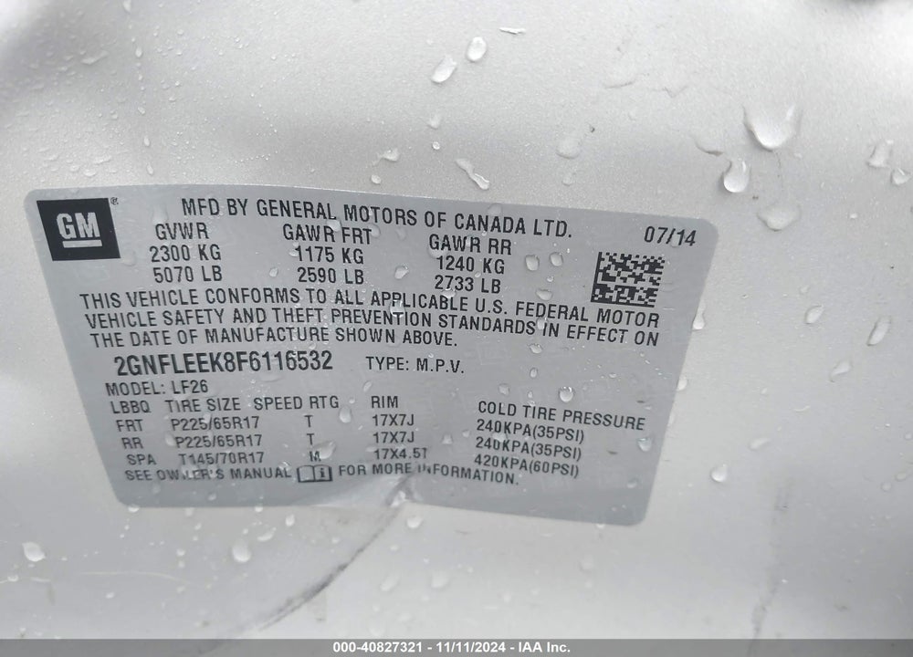 2015 CHEVROLET EQUINOX LS VIN: 2GNFLEEK8F6116532