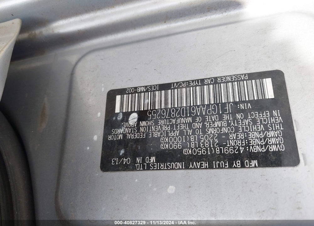 2013 SUBARU IMPREZA 2.0I VIN: JF1GPAA61D2876255