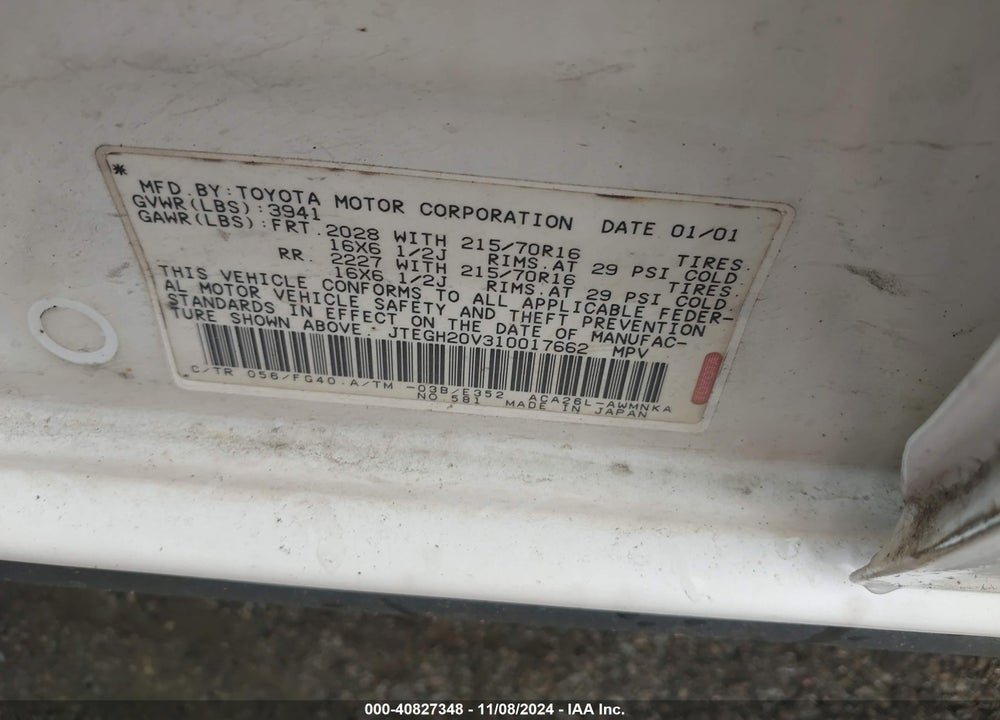 2001 TOYOTA RAV4 VIN: JTEGH20V310017662