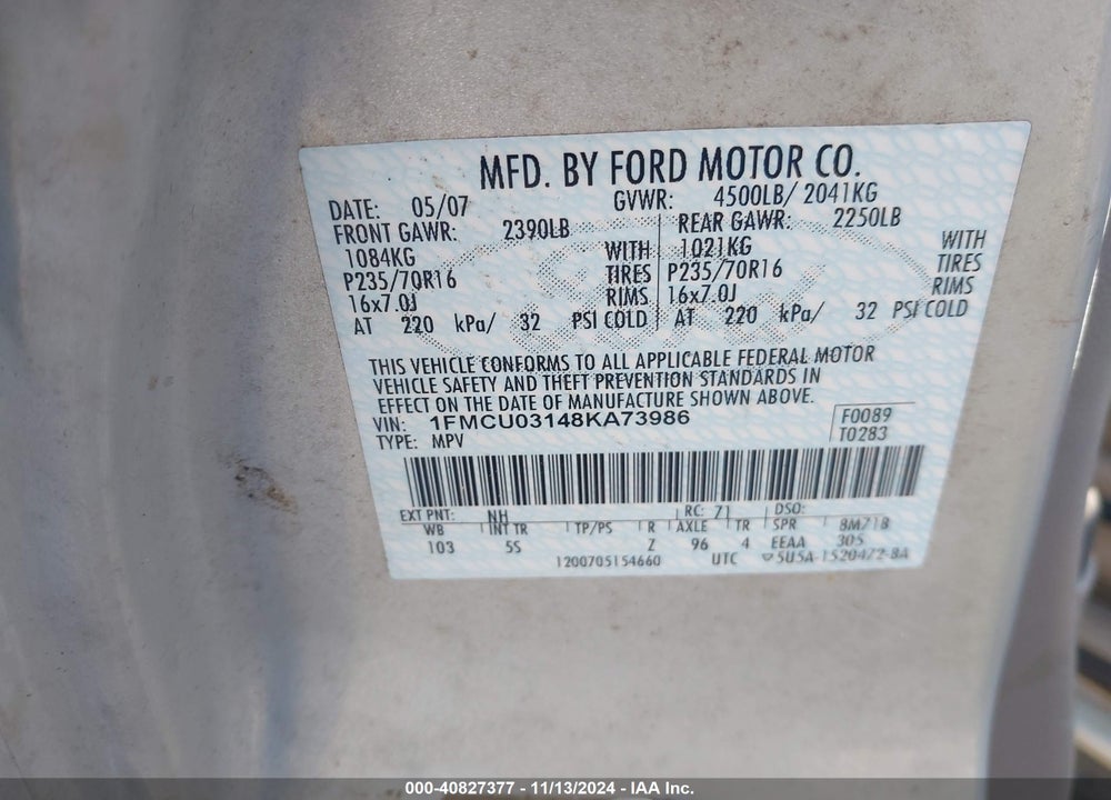 2008 FORD ESCAPE XLT VIN: 1FMCU03148KA73986